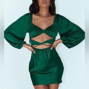 Princess Polly NWOT Cut Out Long Sleeve Mini Dress Satin Dark Green Size 4